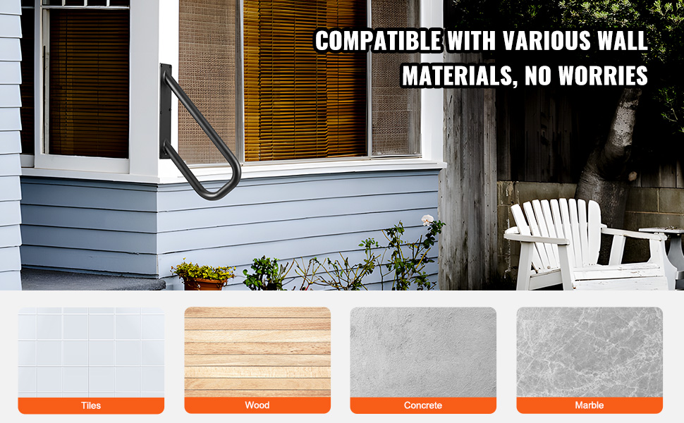 VEVOR handrails on a blue house exterior with text highlighting compatibility with various wall materials.