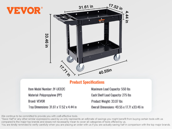 VEVOR utility service cart, 550 lbs load, polypropylene, 40.55x17.71x33.46 in, black with wheels.