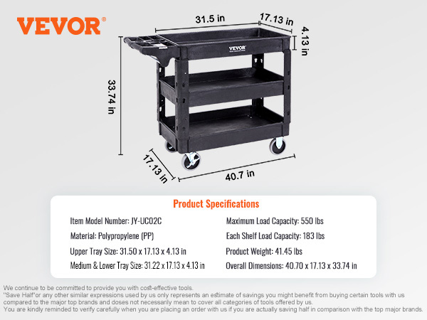 VEVOR utility service cart, 3 shelves, 550 lbs load, polypropylene, 41.45 lbs, dimensions 40.7x17.13x33.74 in.