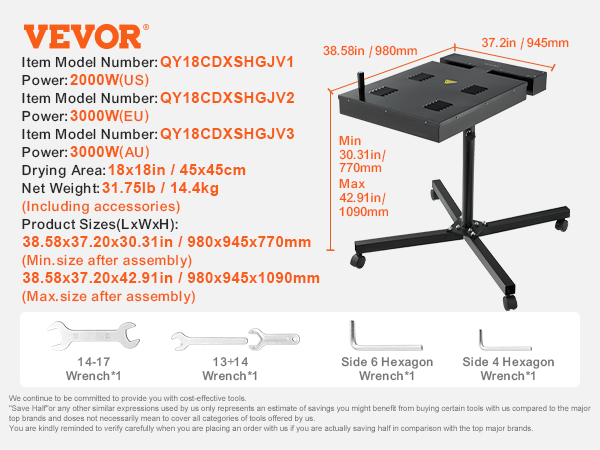 VEVOR flash dryer, 18x18in drying area, 31.75lb, adjustable height, wrench set included.