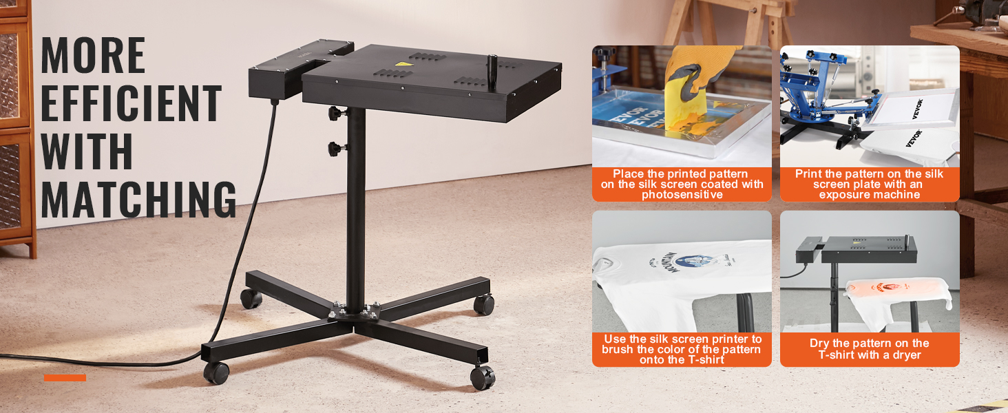 VEVOR flash dryer setup with detailed steps for efficient silk screen printing.