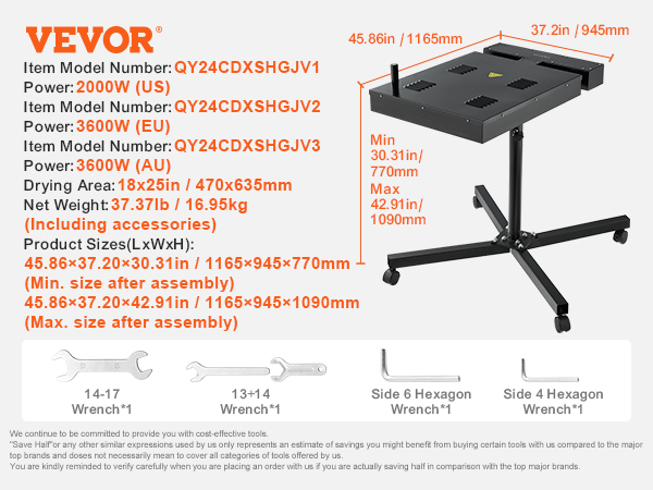 VEVOR pro flash dryer details with specs, dimensions, tools included, and drying area illustration.