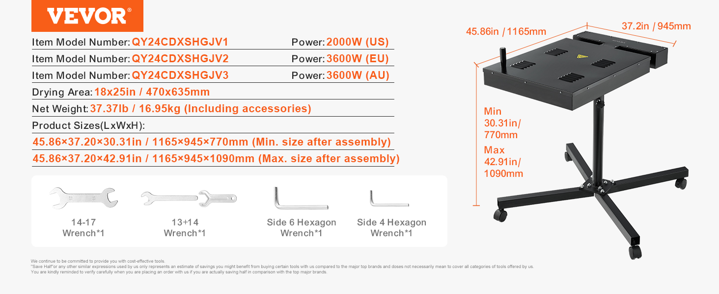 VEVOR pro flash dryer details with specs, dimensions, tools included, and drying area illustration.