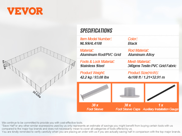 VEVOR pool fence specifications: 4ft by 108ft, aluminum rod, stainless steel locks, black color.