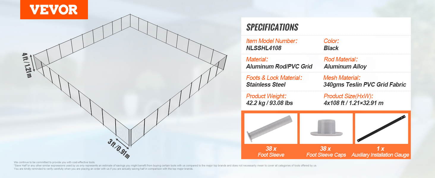 VEVOR pool fence specifications: 4ft by 108ft, aluminum rod, stainless steel locks, black color.