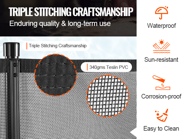 triple stitching craftsmanship and 340gms teslin pvc VEVOR pool fence; waterproof, sun-resistant, corrosion-proof.