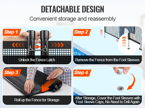 detachable design for easy reassembly: unlock latch, remove from sleeves, roll up, cover caps. VEVOR pool fence.