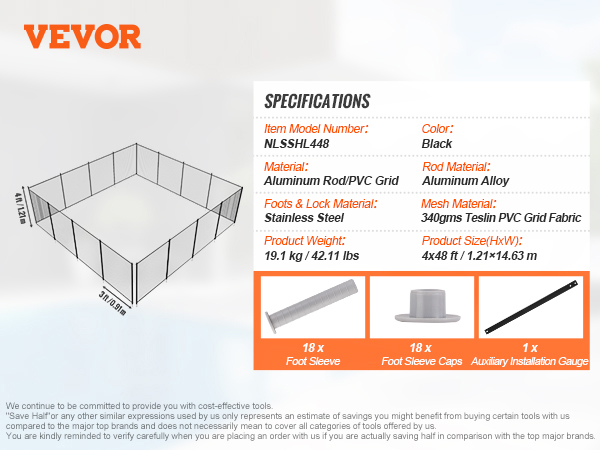 VEVOR pool fence with aluminum rod and pvc grid, 4x48 ft, black, includes 18 foot sleeves.