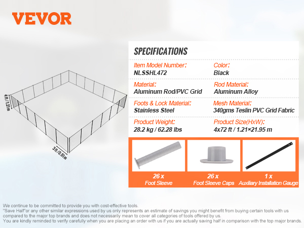 VEVOR pool fence, 4x72ft, black aluminum rod, stainless steel foots, 26-foot sleeves, specs included.