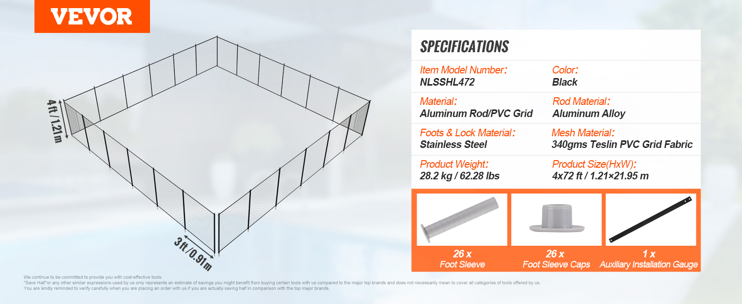 VEVOR pool fence, 4x72ft, black aluminum rod, stainless steel foots, 26-foot sleeves, specs included.