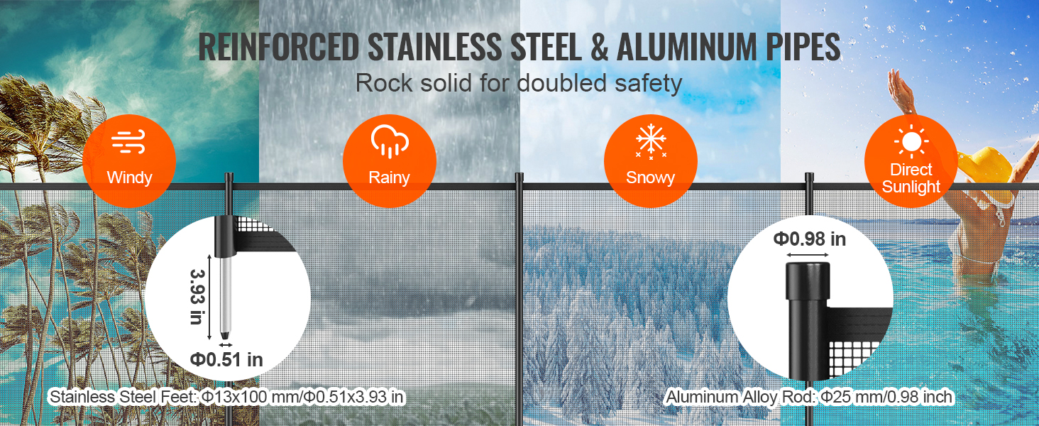 reinforced VEVOR pool fence with stainless steel and aluminum pipes for windy, rainy, snowy, and sunny conditions.
