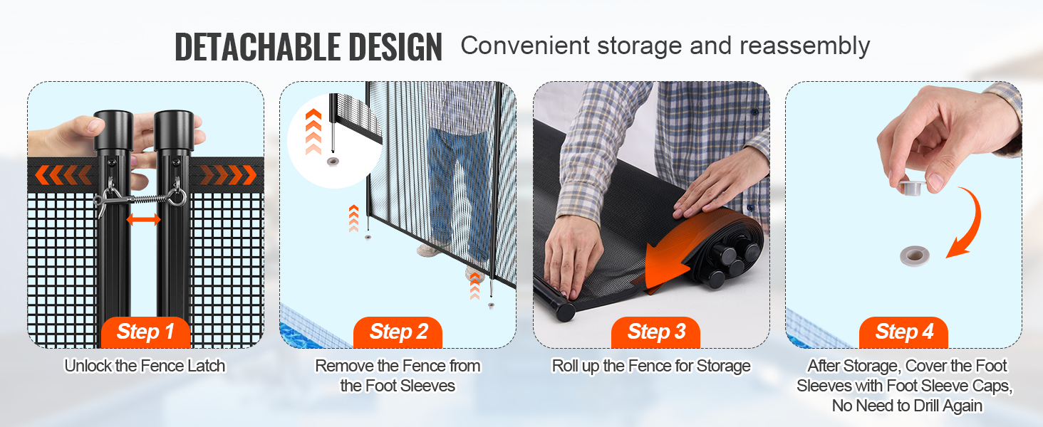 VEVOR pool fence with detachable design steps: unlock latch, remove from foot sleeves, roll for storage, cover.