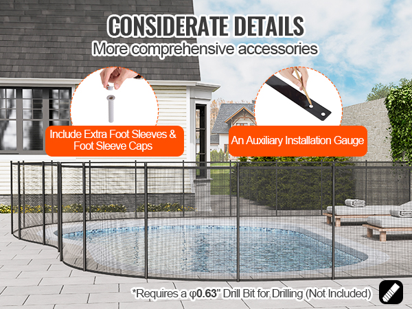 VEVOR pool fence setup around a pool with foot sleeves, installation gauge, and extra accessories.