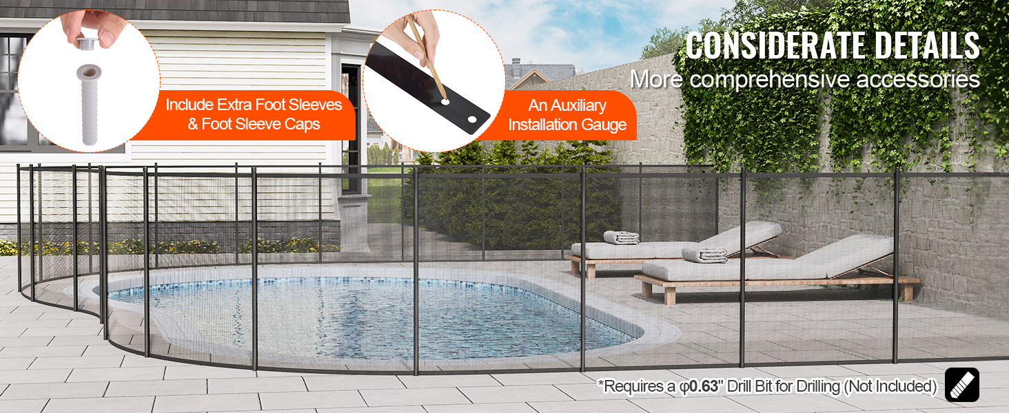 VEVOR pool fence setup around a pool with foot sleeves, installation gauge, and extra accessories.