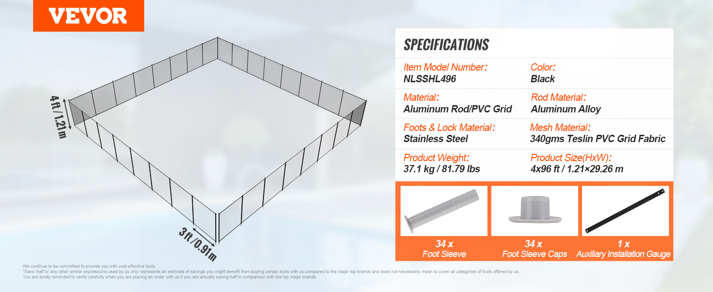 VEVOR baseinu žogu specifikācijas, alumīnija stieņi/pvc režģis, melns, 4x96 ft, 81,79 lbs, komplektā ar piederumiem.