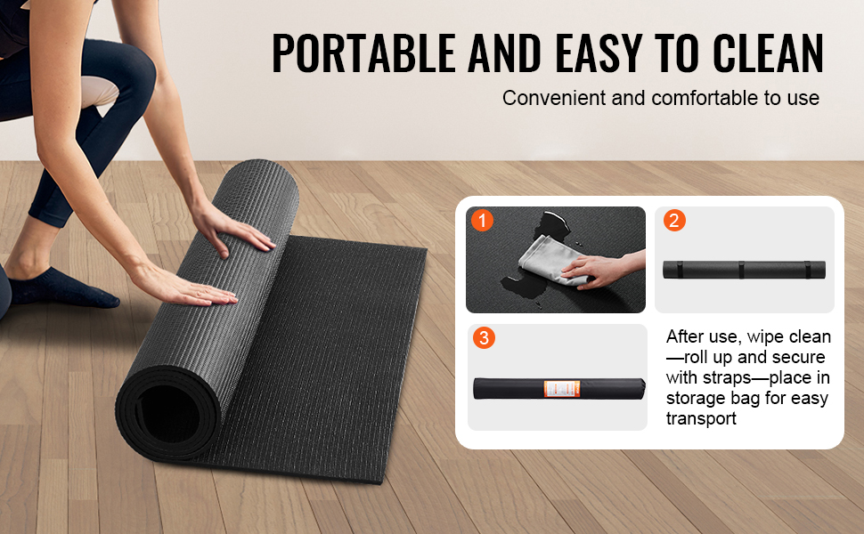 VEVOR yoga mat being rolled up on a wooden floor with cleaning instructions shown. portable and easy to clean.