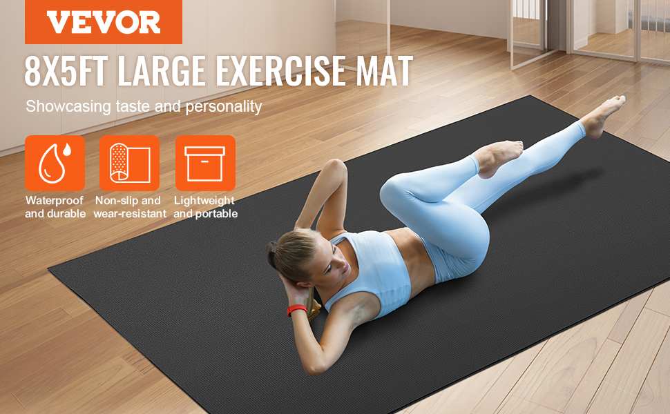 VEVOR exercise mat, 8x5ft, waterproof, non-slip, lightweight, woman in fitness attire on wooden floor.