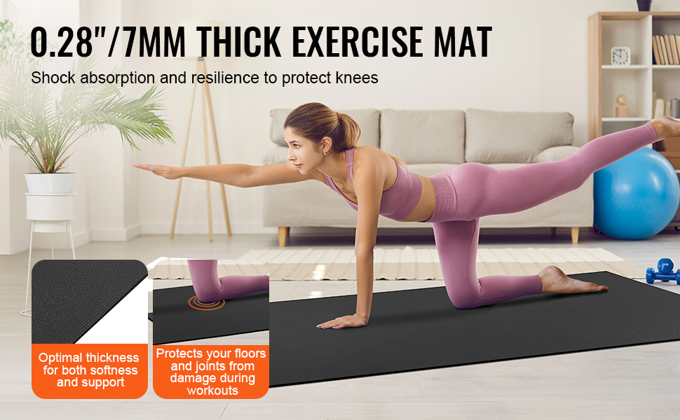 woman doing yoga on 7mm thick VEVOR exercise mat in living room, highlighting shock absorption and resilience.