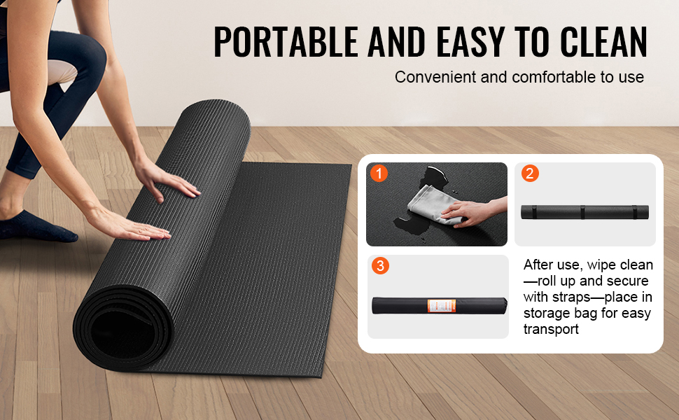 woman rolling up VEVOR exercise mat, easy to clean, portable with storage bag for convenience.