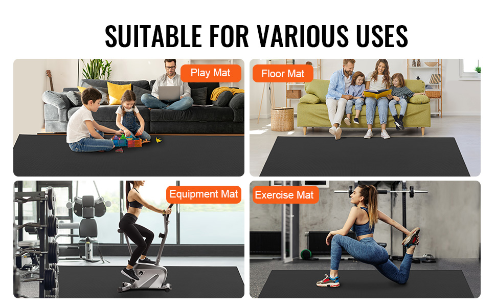 VEVOR exercise mat for playtime, floor, equipment, and workout uses.