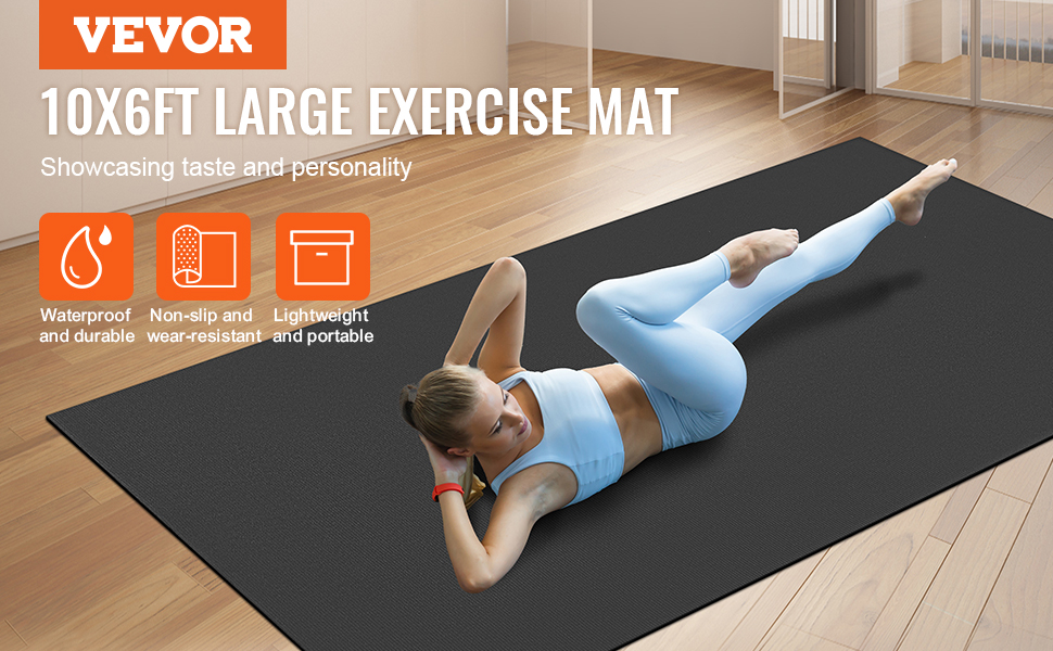VEVOR exercise mat 10x6ft in use, showcasing waterproof, non-slip, and portable features in a bright room.
