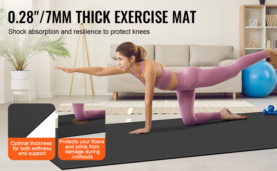 person doing yoga on a black VEVOR exercise mat, showcasing shock absorption and joint protection.