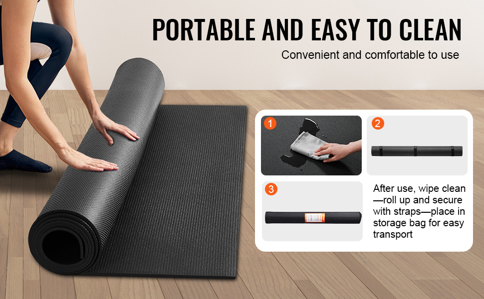 user rolling up VEVOR exercise mat with steps for cleaning and storage. portable and easy to clean.