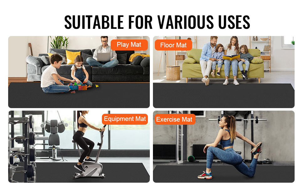 VEVOR exercise mat used as play mat, floor mat, equipment mat, and exercise mat. suitable for various uses.