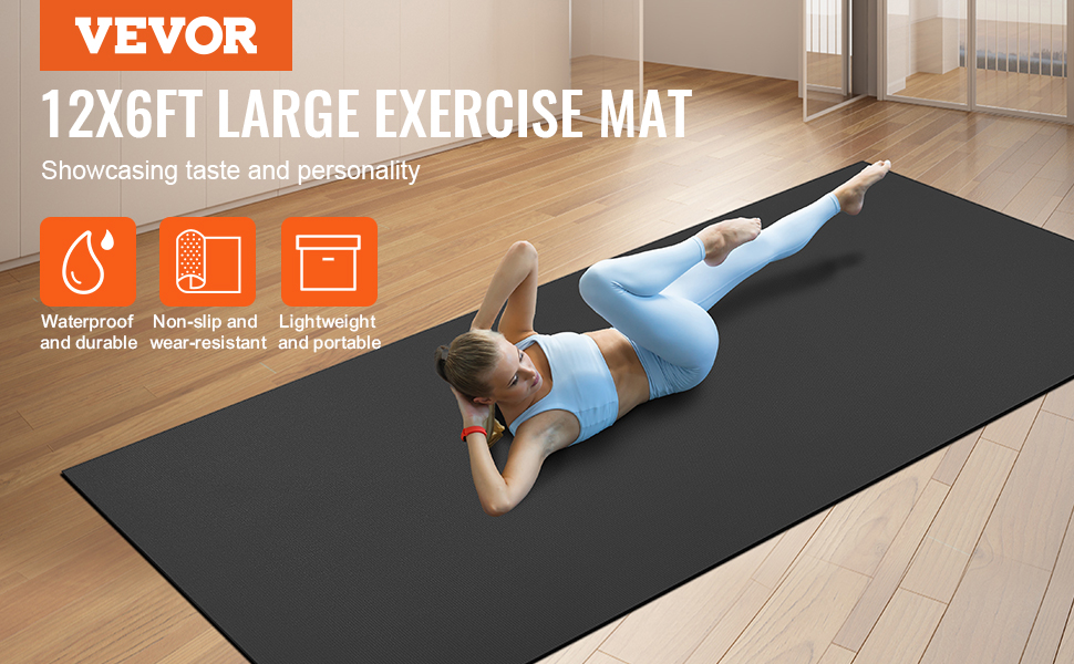 VEVOR exercise mat 12x6ft, waterproof, non-slip, lightweight, ideal for workouts on wooden floor.