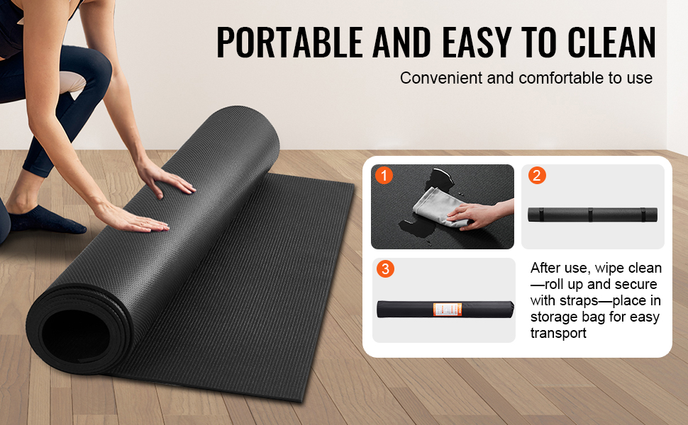 VEVOR exercise mat being rolled, showcasing portable and easy to clean features. wipe clean, roll up, secure.
