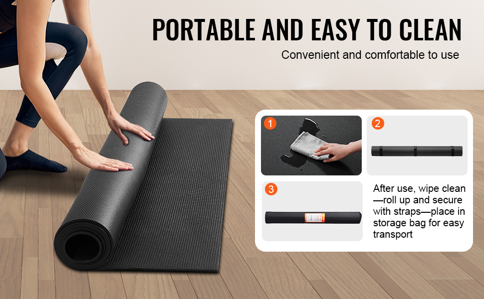 person rolling up VEVOR exercise mat on wooden floor, highlighting portability and easy cleaning steps.