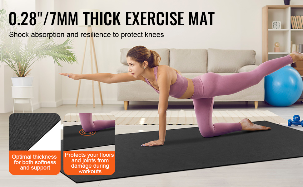 woman exercising on a VEVOR exercise mat in a living room, highlighting its shock absorption and knee protection.