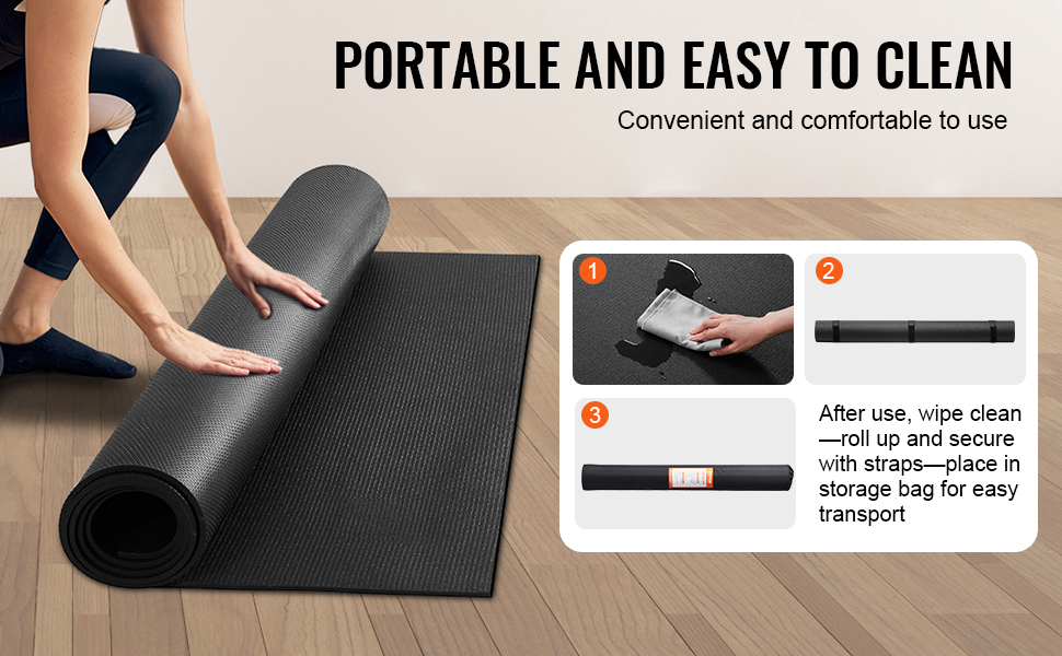 rolling up VEVOR exercise mat on wooden floor, steps to clean, roll, and store for convenient use.