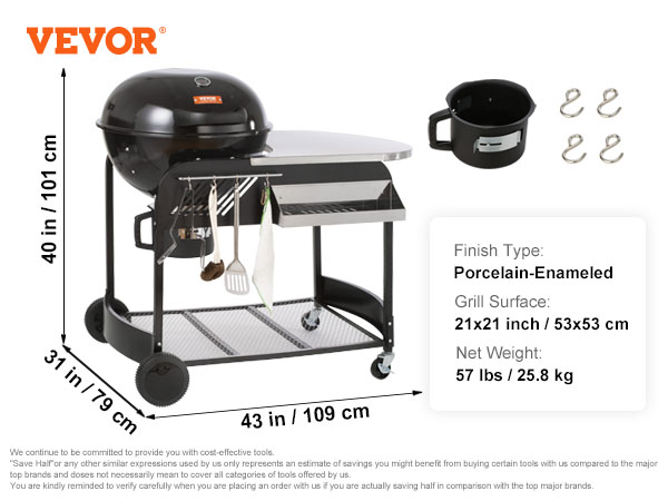 VEVOR charcoal grill with porcelain-enameled finish, 21x21 in. grill surface, and accessory hooks.