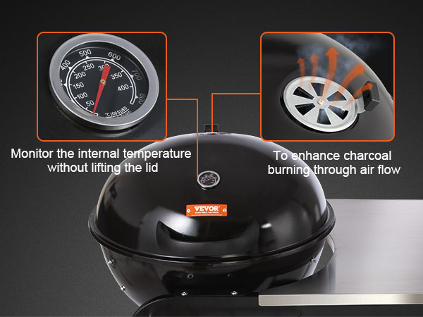 VEVOR charcoal grill with temperature gauge and adjustable air vent for efficient burning.