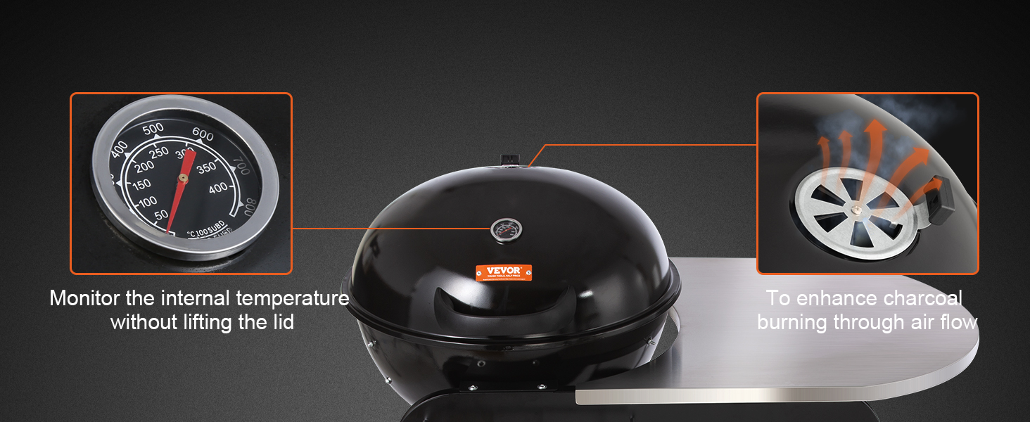 VEVOR charcoal grill with temperature gauge and adjustable air vent for efficient burning.