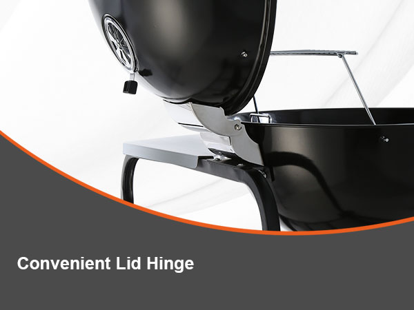 VEVOR charcoal grill showcasing convenient lid hinge, shiny black body, and sturdy side shelves.