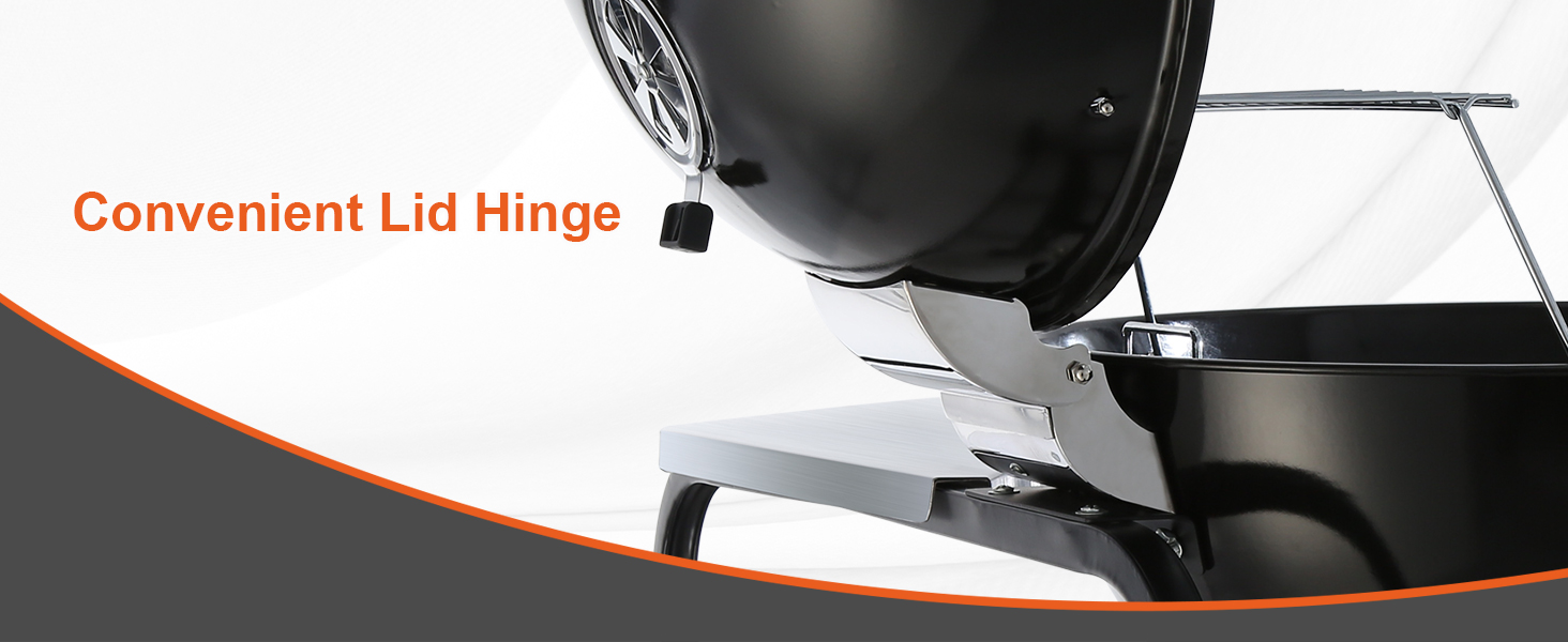 VEVOR charcoal grill showcasing convenient lid hinge, shiny black body, and sturdy side shelves.