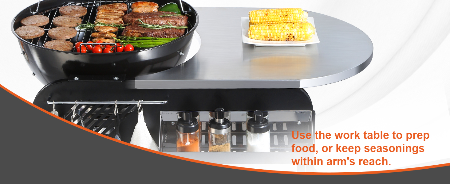 VEVOR charcoal grill with work table, assorted grilled food, and seasonings within arm's reach.