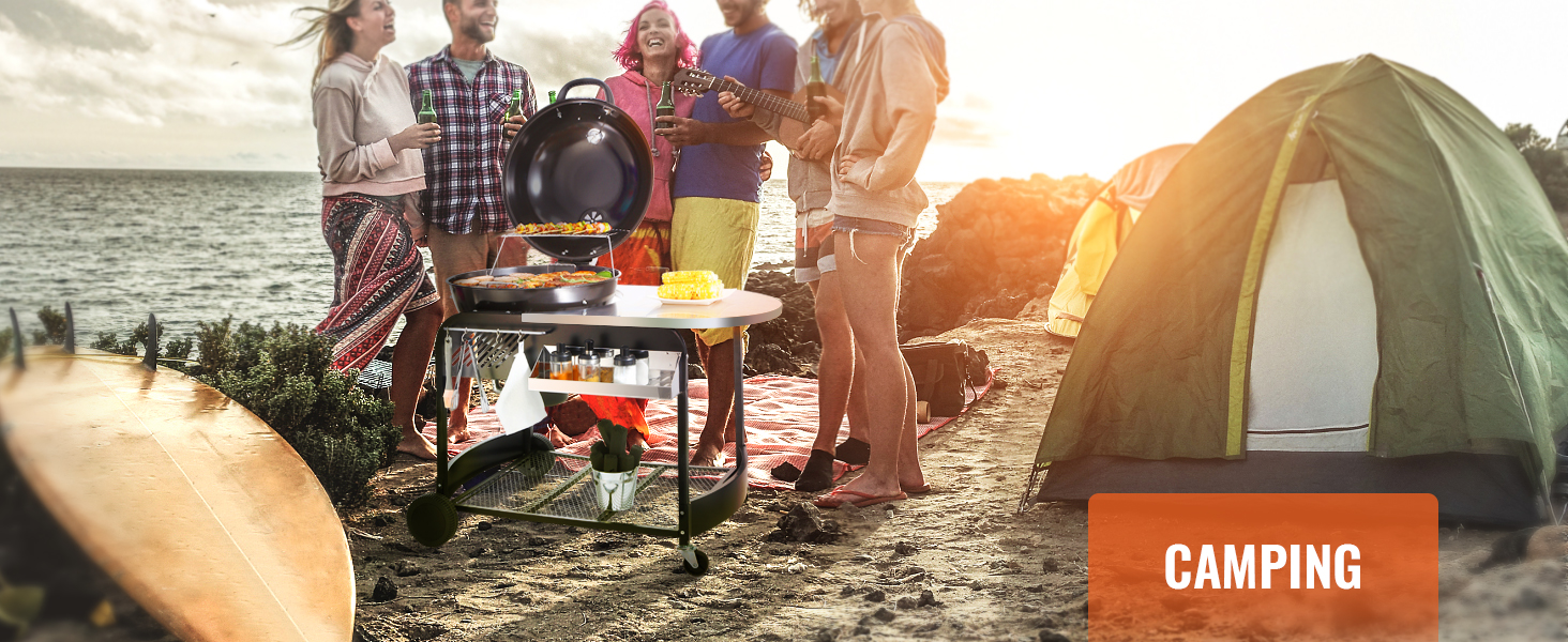 group camping with a VEVOR charcoal grill by the beach, surfboard, tent, and sunset in the background.