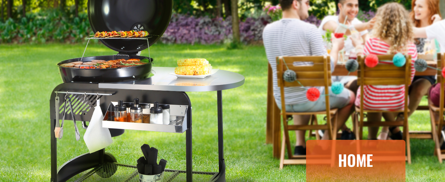 VEVOR charcoal grill in use at an outdoor gathering with cooked corn and spices on the side table.