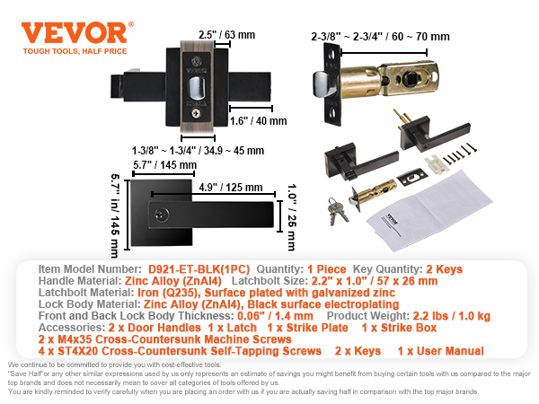 VEVOR entry door handle with dimensions, materials, accessories, and installation guide.