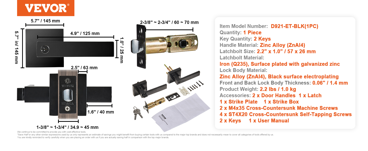 VEVOR entry door handle with dimensions, materials, accessories, and installation guide.