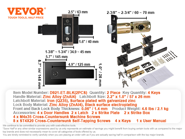 VEVOR entry lever door handle, black zinc alloy handles, latch, accessories, dimensions, and details.