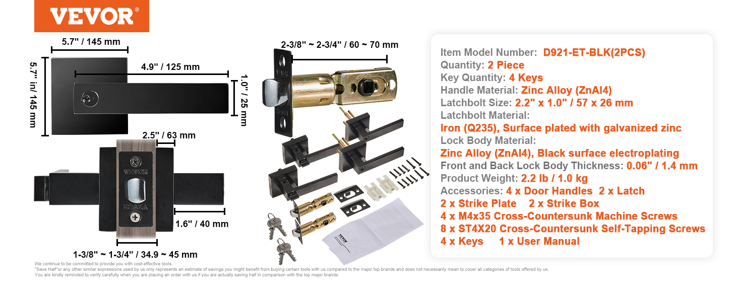 VEVOR entry lever door handle, black zinc alloy handles, latch, accessories, dimensions, and details.