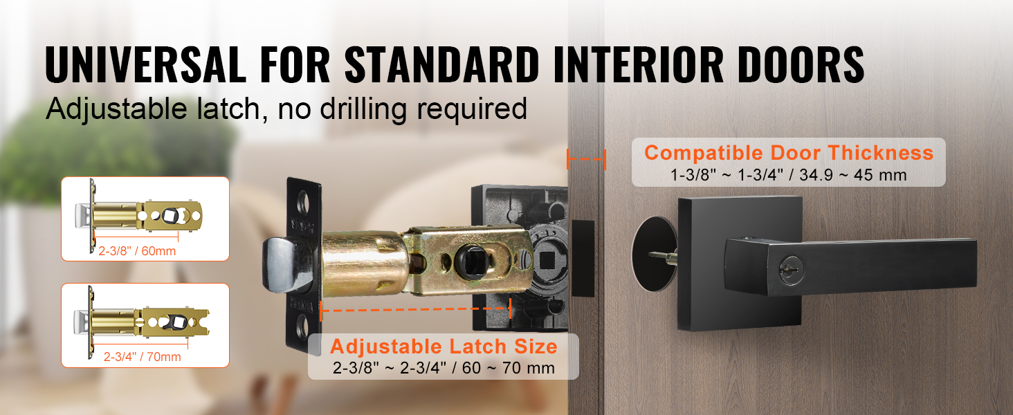VEVOR entry lever door handle with adjustable latch, fitting standard interior doors, no drilling required.