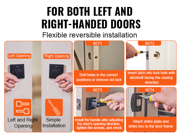 VEVOR entry lever door handle installation guide for left and right-handed doors. four-step process.