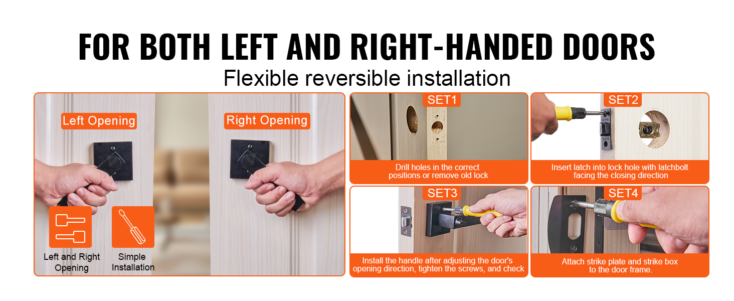 VEVOR entry lever door handle installation guide for left and right-handed doors. four-step process.