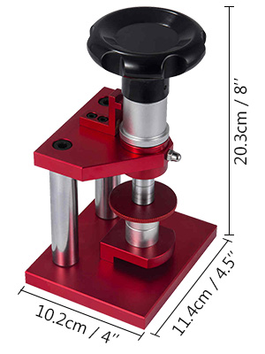 sarkans VEVOR pulksteņu remonta komplekta rīks, izmēri: 20,3 cm augsts, 11,4 cm plats, 10,2 cm dziļš.