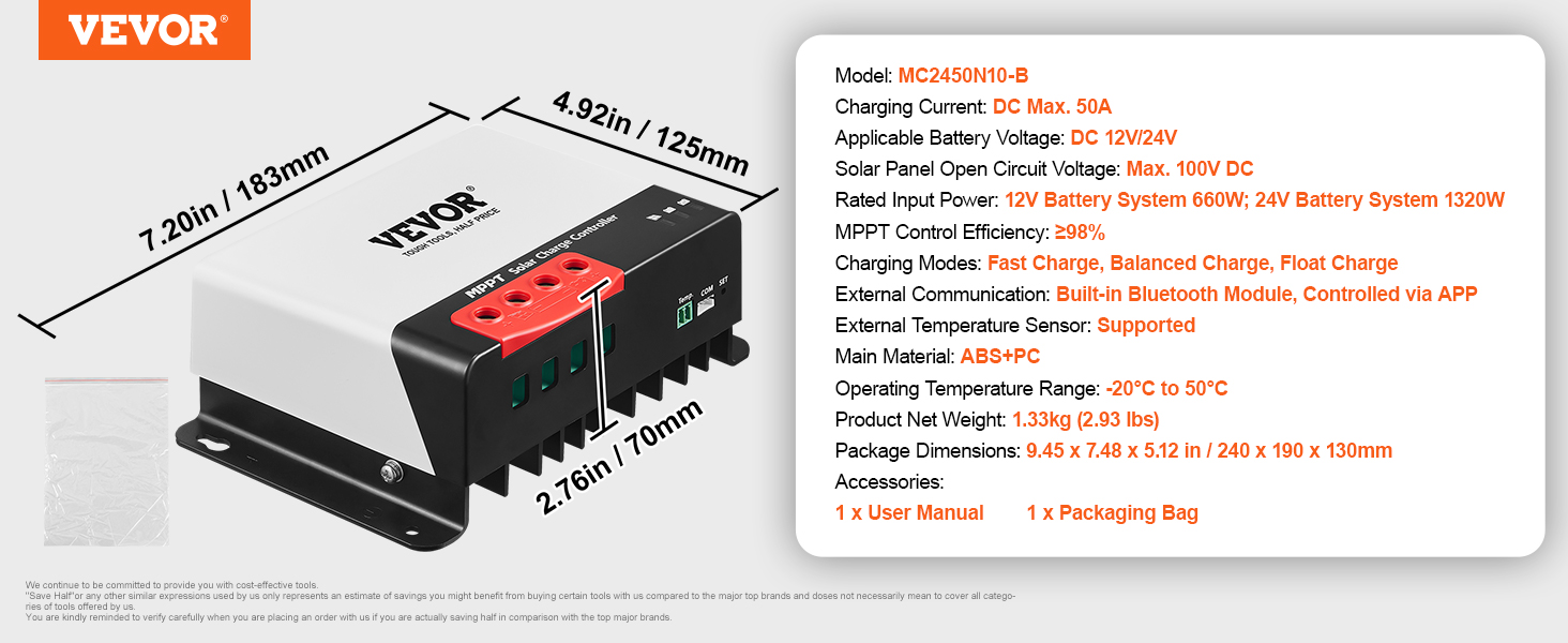 VEVOR mppt solar charge controller, model mc2450n10-b details and product dimensions.